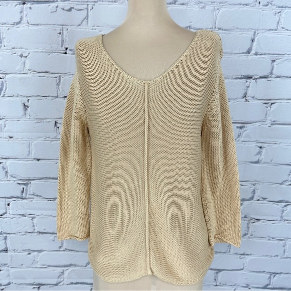 Vtg J Jill Open Knit Sweater Cream Small Petite Cotton Crochet Coastal Beachy - Picture 1 of 10